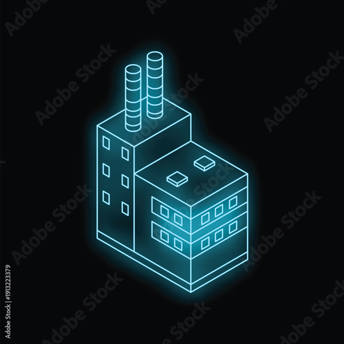 Neon blue factory building glowing on a black background, symbolizing modern industrial advancements and technological innovation