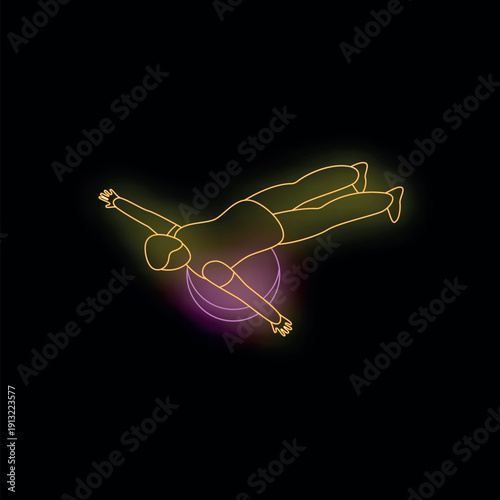 Neon pink and yellow lines depict a woman exercising with a pilates ball, promoting fitness and wellness