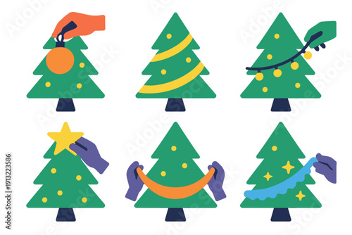 Minimalist Tree Decoration Icons. Tree Trimming flat icons: ornament hanging, ribbon wrapping, light stringing, star topping, garland draping, tinsel spreading.