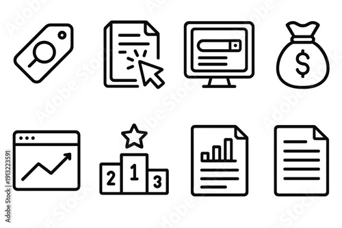 Digital Marketing Icons. Keyword Campaigns outline icons: search tag, document file, cursor click, result screen, money bag, analytics window, ranking icon, report paper.