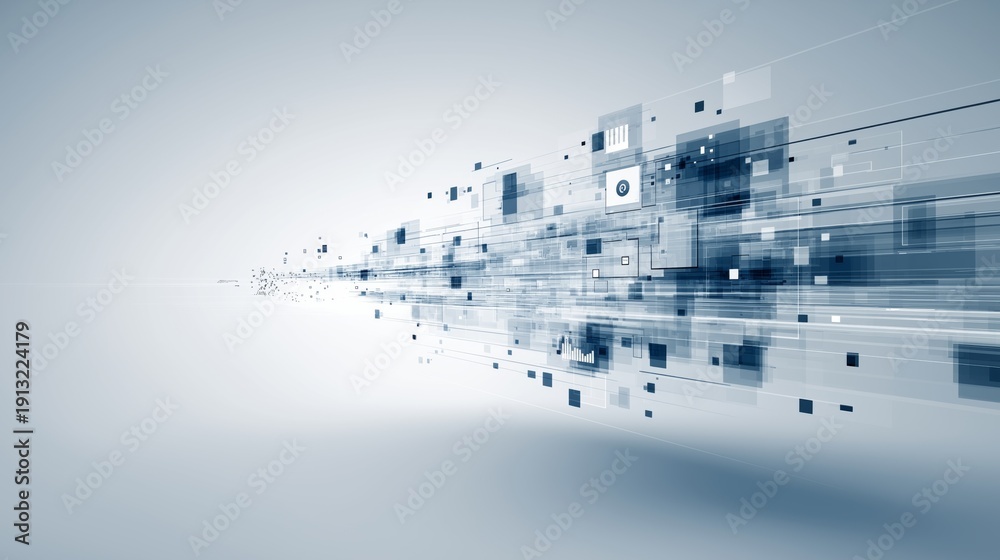 Fototapeta premium Data flow elements move in a clear, organized manner across a light background