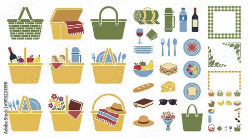 Picnic basket and food items illustration. Spring Vector Packs. EPS Editable