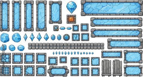Cartoon stone and ice game UI set with rock interface boards, panels, buttons and menu frames, arctic blue enchanted crystal HUD elements, fantasy RPG GUI vector illustration isolated on transparent