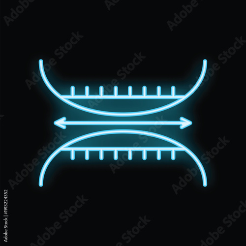 Neon blue glowing osmosis process icon showing movement of molecules through semipermeable membrane on black background