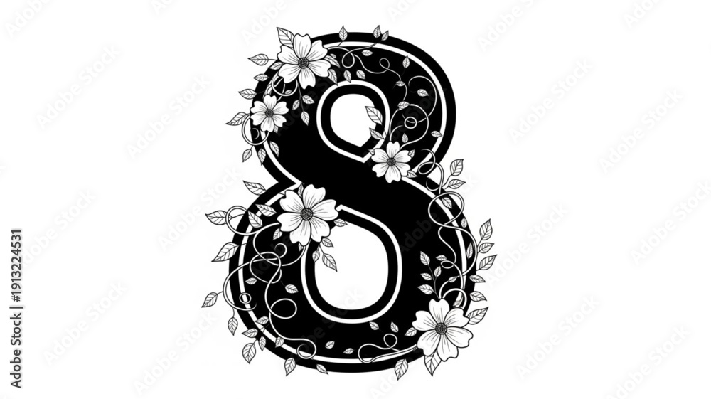 Fototapeta premium Elegant Number Eight Decorated with Delicate Floral Patterns.