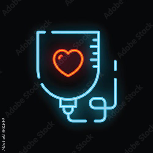 Bright neon icon of a blood bag with a heart shape, representing blood donation