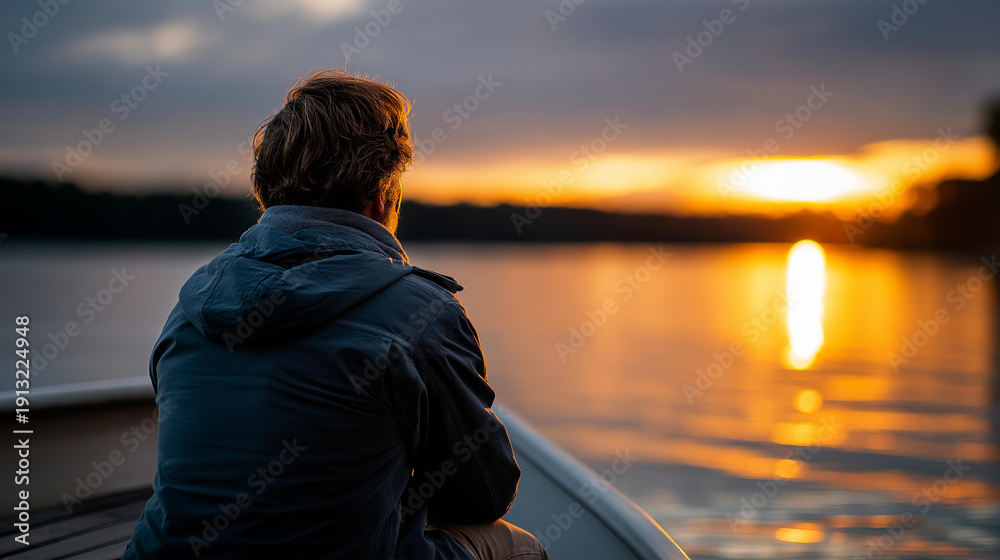 Fototapeta premium Faceless serene man sitting on boat, defocused admiring beautiful sunset over water, nature connection and introspection moment, picturesque backdrop amidst symbolizing, with copy