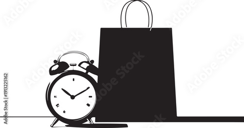 Black shopping bag and alarm clock silhouette vector illustration
