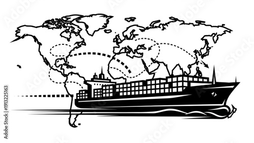 Cargo ship sailing across world map symbolizing global trade and logistics.