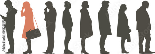 Silhouette of people standing in line with one person in color  vector illustration

