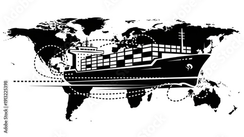 Container ship sailing across world map illustration.