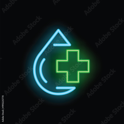 Neon sign depicting a water drop with a medical cross inside, symbolizing the importance of hydration for health and well being