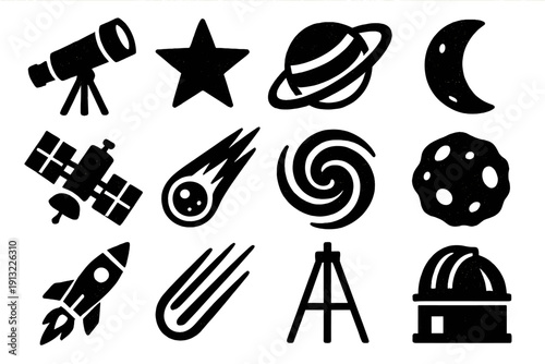 Bold Space Icons. Astronomical Observation silhouette set: telescope, star, planet, moon, satellite, comet, galaxy, asteroid, rocket, light streak, tripod, observatory dome