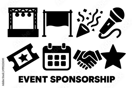 Event Icons Set. Event Sponsorship silhouette set: stage, banner, confetti, microphone, ticket, calendar, handshake, star