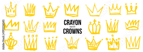 Crown doodle crayon hand drawn sketches set. Pencil king queen royal diadem vector line art. Textured graffiti spray illustration collection.
