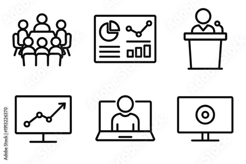 Business Presentation Outline. Business Conference black outline icons boardroom setup, analytics dashboard, speaker podium, presentation graph, remote participant, company logo