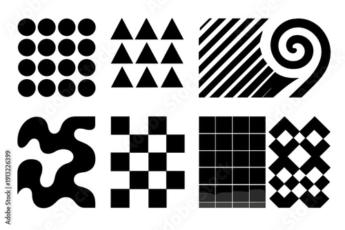 Brutalist Icon Collection. Graphic Pattern Icons silhouette set: dots, triangles, diagonal lines, spirals, gradient grid, abstract wave, checkerboard, pattern tile