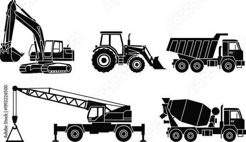 Construction vehicles set heavy machinery equipment isolated black white line art vector illustration