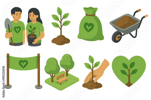 Community Tree Drive Icons. Community Tree Drive flat icons volunteers, tree sapling, plant bag, wheelbarrow, banner, park area, hand planting, eco heart