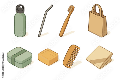 Zero Waste Essentials. Daily Zero Waste Items flat icons reusable bottle, metal straw, bamboo toothbrush, cloth bag, lunchbox, soap bar, wooden comb, fabric napkin