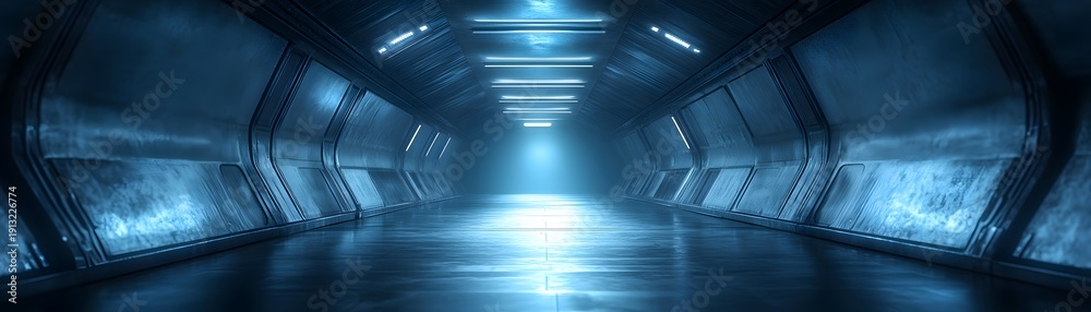 Obraz premium Futuristic metallic corridor illuminated by bright blue lights extends into the distance