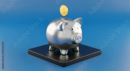 Wallpaper Mural Saving money concept with shiny silver piggy bank on black base Torontodigital.ca