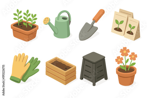 City Garden Icons. City Garden Essentials flat icons potted herbs, watering can, trowel, seed packets, garden gloves, planter box, compost bin, flower pot