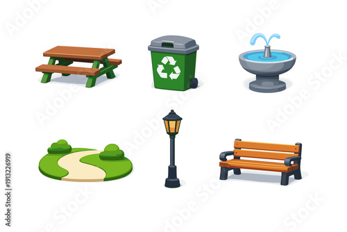Collection of park elements including a picnic table, trash can, fountain, lamp post, and bench
