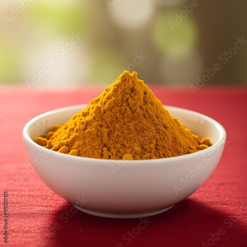 Turmeric powder heaped in a white bowl on red cloth, soft natural blurred background, warm daylight