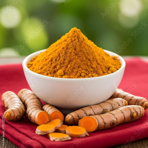 Turmeric powder heaped in a white bowl on red cloth, soft natural blurred background, warm daylight