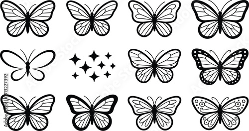 Black and white butterfly illustrations, decorative wing patterns, abstract line art, star sparkle cluster, tattoo design motifs, graphic vector set