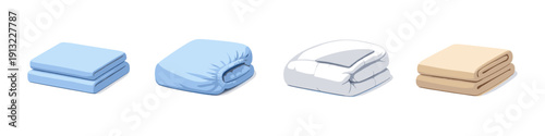 Collection of folded bedding items including sheets, fitted sheets, and duvets