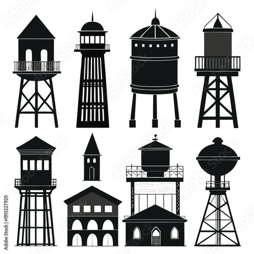 Set of tree silhouettes by the beach with an old white metal lighthouse tower standing against the blue sea and sunset sky