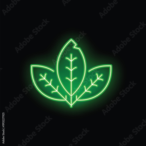 Green neon sign showing three leaves, evoking nature and ecology