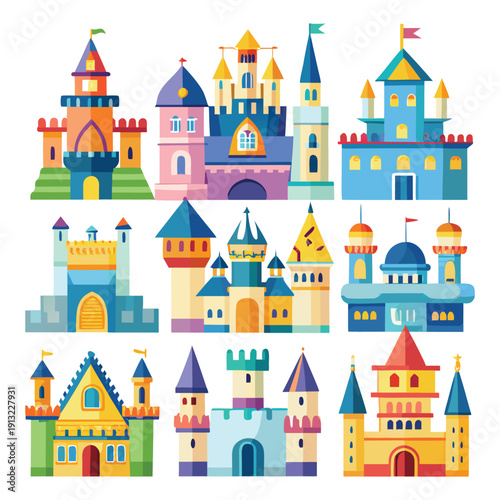 Seamless cute fairy tale castle pattern vector illustration with towers and pink roofs