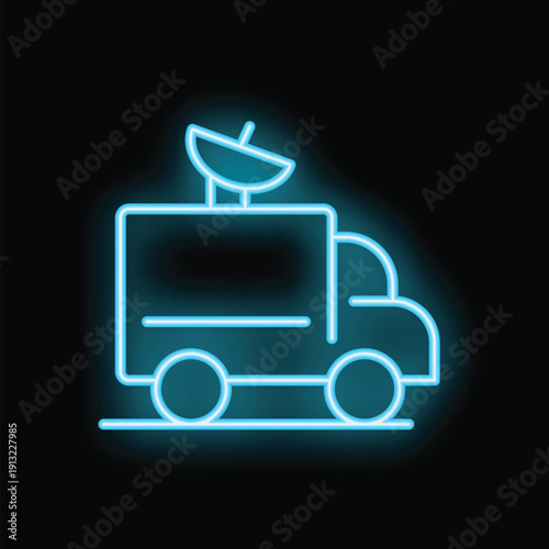 Blue neon icon of a news van with a satellite dish on top, broadcasting live