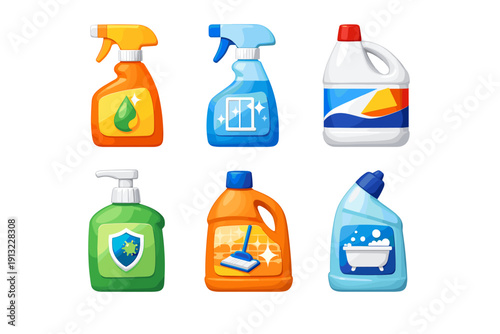Collection of colorful cartoon cleaning product bottles and containers for household chores
