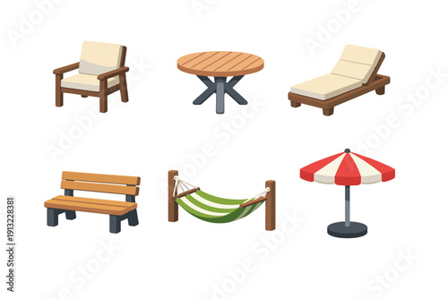 Collection of outdoor furniture and relaxation items for a patio or garden setting