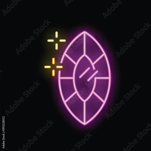 Neon icon of a shining jewelry diamond with facets glowing on a dark background