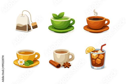 Collection of various hot and cold beverages in cartoon style