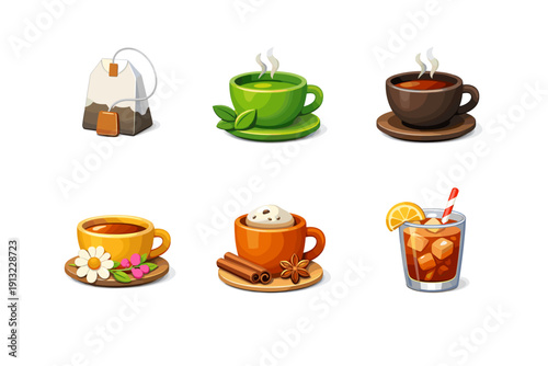 Collection of six different hot and cold beverages in cartoon style