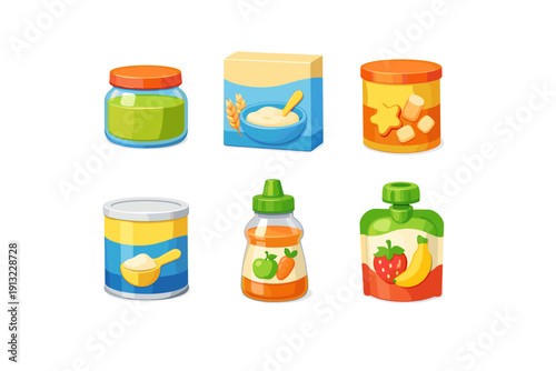 Collection of cartoon baby food products including jars, boxes, and pouches
