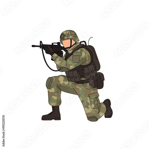 Soldier kneeling with rifle, military camouflage uniform, tactical gear, action pose