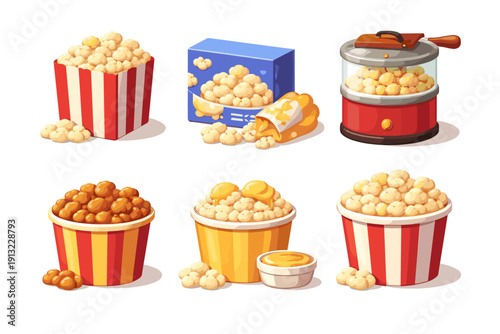 Collection of delicious popcorn in various containers and a popcorn maker