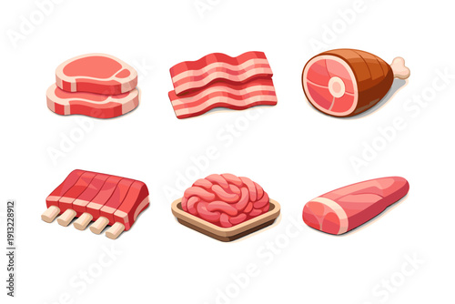 Collection of various raw meat cuts and products, illustrated in a cartoon style