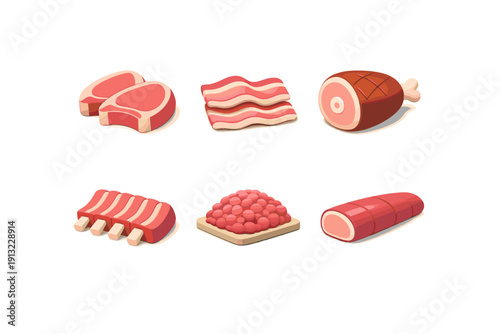 Collection of delicious cartoon meat products, including steaks, bacon, ham, ribs, ground meat, and sausage