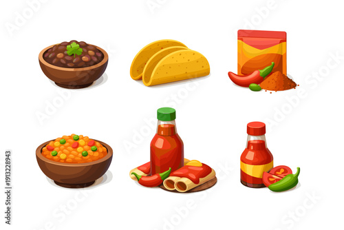 Mexican food ingredients and dishes collection, cartoon style illustration