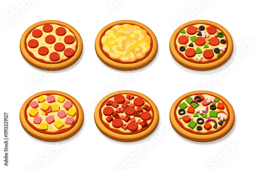 Collection of six delicious cartoon pizzas with various toppings and styles