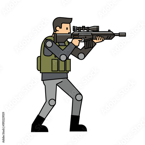 Cartoon Soldier Aiming Sniper Rifle, Military Action Character Illustration