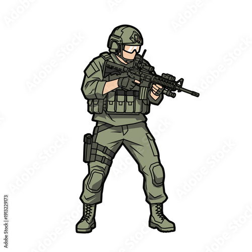 Cartoon Soldier Holding Rifle, Tactical Gear, Military Character Illustration